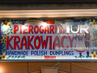 KRAKOW, POLAND - NOVEMBER 21:   
A sign at the entrance to Pierogarnia 'Krakowiacy,' specializing in traditional Polish handmade dumplings,...