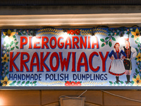 KRAKOW, POLAND - NOVEMBER 21:   
A sign at the entrance to Pierogarnia 'Krakowiacy,' specializing in traditional Polish handmade dumplings,...