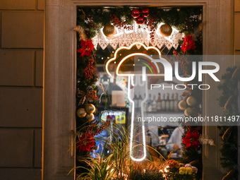 KRAKOW, POLAND - NOVEMBER 21:   
A sign in the window of Pierogarnia 'Krakowiacy,' specializing in traditional Polish handmade dumplings, on...