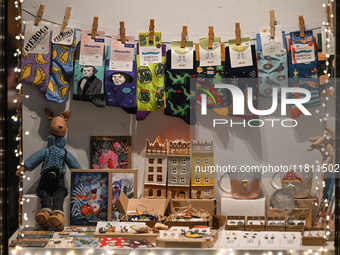 KRAKOW, POLAND - NOVEMBER 21:   
A shop selling souvenirs and locally made Christmas-themed products, on November 21, 2024 in Krakow, Poland...