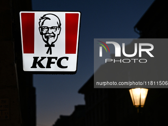 KRAKOW, POLAND - NOVEMBER 21:   
The KFC logo displayed on a restaurant storefront, on November 21, 2024 in Krakow, Poland. (