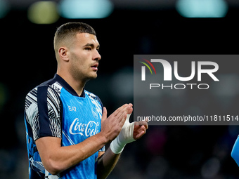 Alessandro Buongiorno of SSC Napoli gestures during the serie Serie A Enilive match between SSC Napoli and AS Roma at Stadio Diego Armando M...