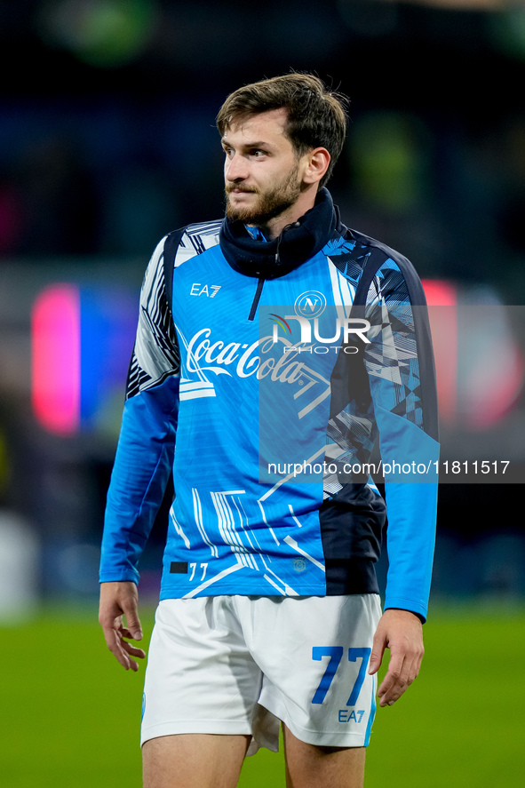 Khvicha Kvaratskhelia of SSC Napoli looks on during the serie Serie A Enilive match between SSC Napoli and AS Roma at Stadio Diego Armando M...