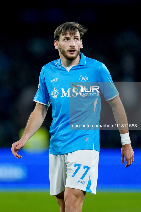 Khvicha Kvaratskhelia of SSC Napoli looks on during the serie Serie A Enilive match between SSC Napoli and AS Roma at Stadio Diego Armando M...