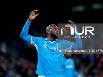 Romelu Lukaku of SSC Napoli reacts during the serie Serie A Enilive match between SSC Napoli and AS Roma at Stadio Diego Armando Maradona on...