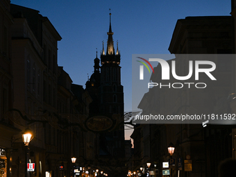 KRAKOW, POLAND - NOVEMBER 21:   
A dark Florianska Street in Krakow's Old Town as Christmas installations are being set up, on November 21,...