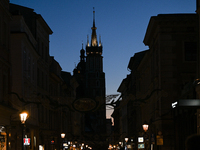 KRAKOW, POLAND - NOVEMBER 21:   
A dark Florianska Street in Krakow's Old Town as Christmas installations are being set up, on November 21,...