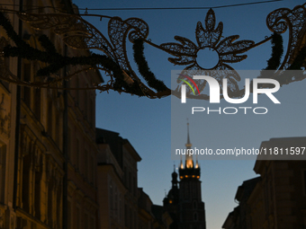 KRAKOW, POLAND - NOVEMBER 21:   
A dark Florianska Street in Krakow's Old Town as Christmas installations are being set up, on November 21,...