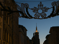 KRAKOW, POLAND - NOVEMBER 21:   
A dark Florianska Street in Krakow's Old Town as Christmas installations are being set up, on November 21,...