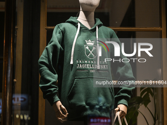 KRAKOW, POLAND - NOVEMBER 21:   
A mannequin dressed in a Jagiellonian University hoodie, on November 21, 2024 in Krakow, Poland. (