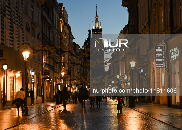 KRAKOW, POLAND - NOVEMBER 21:   
A general evening view of Krakow's Florianska Street, illuminated by streetlights, on November 21, 2024 in...