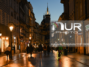 KRAKOW, POLAND - NOVEMBER 21:   
A general evening view of Krakow's Florianska Street, illuminated by streetlights, on November 21, 2024 in...