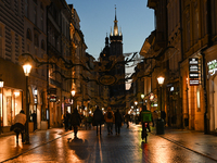 KRAKOW, POLAND - NOVEMBER 21:   
A general evening view of Krakow's Florianska Street, illuminated by streetlights, on November 21, 2024 in...