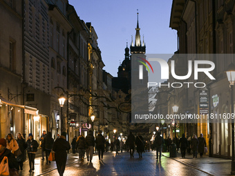 KRAKOW, POLAND - NOVEMBER 21:   
A general evening view of Krakow's Florianska Street, illuminated by streetlights, on November 21, 2024 in...