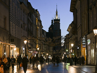 KRAKOW, POLAND - NOVEMBER 21:   
A general evening view of Krakow's Florianska Street, illuminated by streetlights, on November 21, 2024 in...