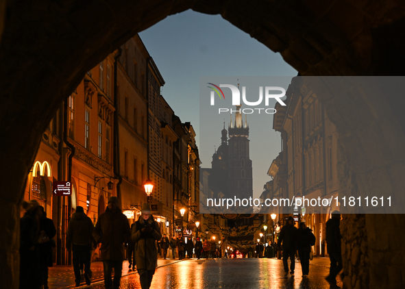 KRAKOW, POLAND - NOVEMBER 21:   
A general evening view of Krakow's Florianska Street, illuminated by streetlights, on November 21, 2024 in...