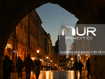 KRAKOW, POLAND - NOVEMBER 21:   
A general evening view of Krakow's Florianska Street, illuminated by streetlights, on November 21, 2024 in...