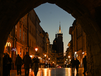 KRAKOW, POLAND - NOVEMBER 21:   
A general evening view of Krakow's Florianska Street, illuminated by streetlights, on November 21, 2024 in...