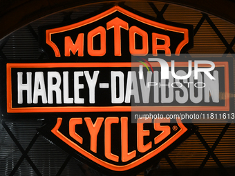 KRAKOW, POLAND - NOVEMBER 21:   
The Harley-Davidson logo displayed on a storefront, on November 21, 2024 in Krakow, Poland. (