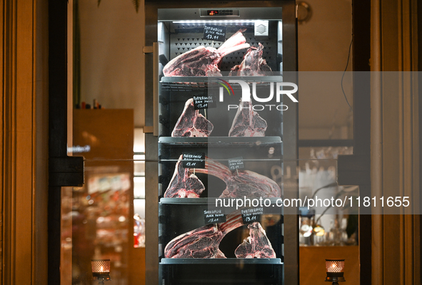 KRAKOW, POLAND - NOVEMBER 21:   
Beef cuts displayed in the window of a restaurant specializing in beef dishes, seen in Krakow's Old Town, o...