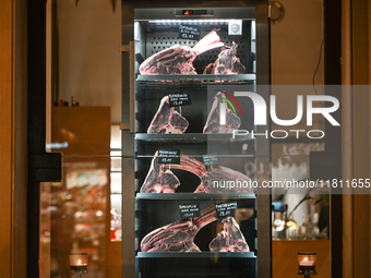 KRAKOW, POLAND - NOVEMBER 21:   
Beef cuts displayed in the window of a restaurant specializing in beef dishes, seen in Krakow's Old Town, o...