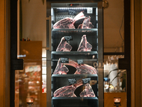 KRAKOW, POLAND - NOVEMBER 21:   
Beef cuts displayed in the window of a restaurant specializing in beef dishes, seen in Krakow's Old Town, o...