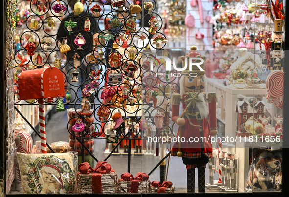 KRAKOW, POLAND - NOVEMBER 21:   
A shop window displaying Christmas-themed objects and decorations, on November 21, 2024 in Krakow, Poland. 