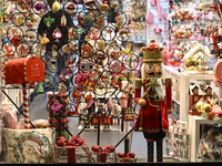 KRAKOW, POLAND - NOVEMBER 21:   
A shop window displaying Christmas-themed objects and decorations, on November 21, 2024 in Krakow, Poland....