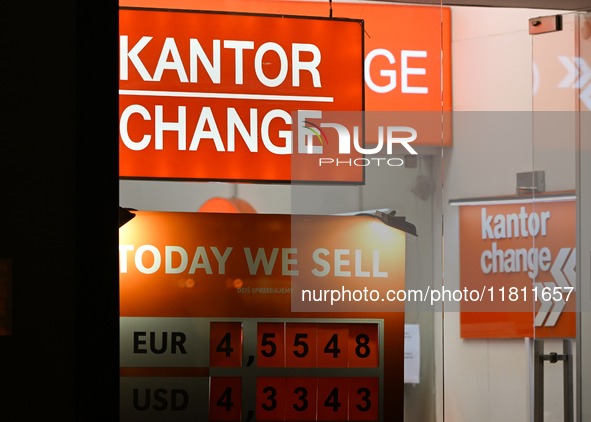 KRAKOW, POLAND - NOVEMBER 21:   
A currency exchange shop displays only selling rates, a longstanding practice in Krakow and other Polish ci...