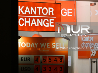 KRAKOW, POLAND - NOVEMBER 21:   
A currency exchange shop displays only selling rates, a longstanding practice in Krakow and other Polish ci...