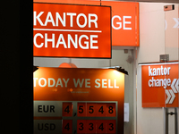 KRAKOW, POLAND - NOVEMBER 21:   
A currency exchange shop displays only selling rates, a longstanding practice in Krakow and other Polish ci...