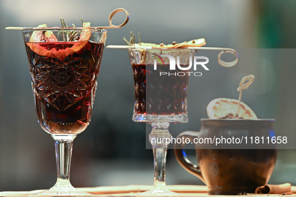 KRAKOW, POLAND - NOVEMBER 21:   
Glasses of Grzaniec (hot wine) on display at a local shop/bar in Krakow's Old Town, on November 21, 2024 in...