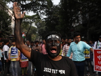 Job seekers and teachers shout slogans demanding the requirement for fifty thousand vacant posts as they take part in a protest march in Kol...