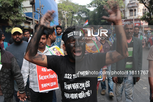 An unemployed primary teacher takes out a rally in Kolkata, India, on November 26, 2024, and blocks the arterial Dorina crossing in the hear...