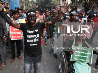 An unemployed primary teacher takes out a rally in Kolkata, India, on November 26, 2024, and blocks the arterial Dorina crossing in the hear...