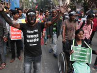 An unemployed primary teacher takes out a rally in Kolkata, India, on November 26, 2024, and blocks the arterial Dorina crossing in the hear...