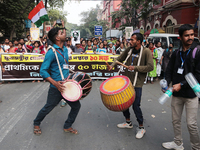 An unemployed primary teacher takes out a rally in Kolkata, India, on November 26, 2024, and blocks the arterial Dorina crossing in the hear...