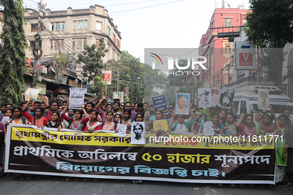 An unemployed primary teacher takes out a rally in Kolkata, India, on November 26, 2024, and blocks the arterial Dorina crossing in the hear...