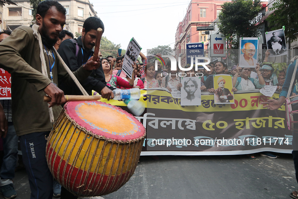 An unemployed primary teacher takes out a rally in Kolkata, India, on November 26, 2024, and blocks the arterial Dorina crossing in the hear...