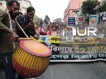 An unemployed primary teacher takes out a rally in Kolkata, India, on November 26, 2024, and blocks the arterial Dorina crossing in the hear...