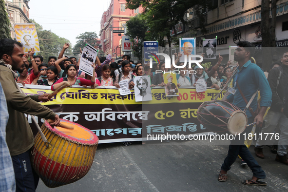 An unemployed primary teacher takes out a rally in Kolkata, India, on November 26, 2024, and blocks the arterial Dorina crossing in the hear...