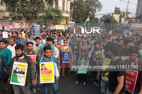 An unemployed primary teacher takes out a rally in Kolkata, India, on November 26, 2024, and blocks the arterial Dorina crossing in the hear...