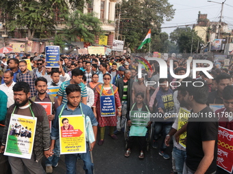 An unemployed primary teacher takes out a rally in Kolkata, India, on November 26, 2024, and blocks the arterial Dorina crossing in the hear...