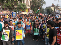 An unemployed primary teacher takes out a rally in Kolkata, India, on November 26, 2024, and blocks the arterial Dorina crossing in the hear...