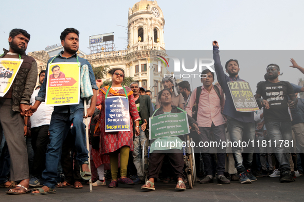 An unemployed primary teacher takes out a rally in Kolkata, India, on November 26, 2024, and blocks the arterial Dorina crossing in the hear...