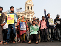 An unemployed primary teacher takes out a rally in Kolkata, India, on November 26, 2024, and blocks the arterial Dorina crossing in the hear...