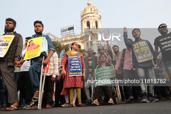 An unemployed primary teacher takes out a rally in Kolkata, India, on November 26, 2024, and blocks the arterial Dorina crossing in the hear...