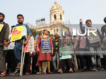 An unemployed primary teacher takes out a rally in Kolkata, India, on November 26, 2024, and blocks the arterial Dorina crossing in the hear...