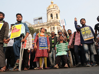 An unemployed primary teacher takes out a rally in Kolkata, India, on November 26, 2024, and blocks the arterial Dorina crossing in the hear...