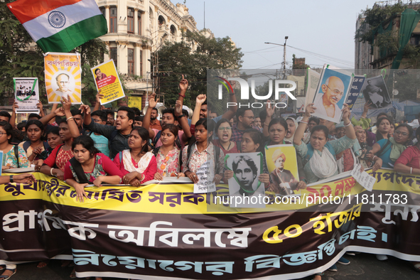 An unemployed primary teacher takes out a rally in Kolkata, India, on November 26, 2024, and blocks the arterial Dorina crossing in the hear...